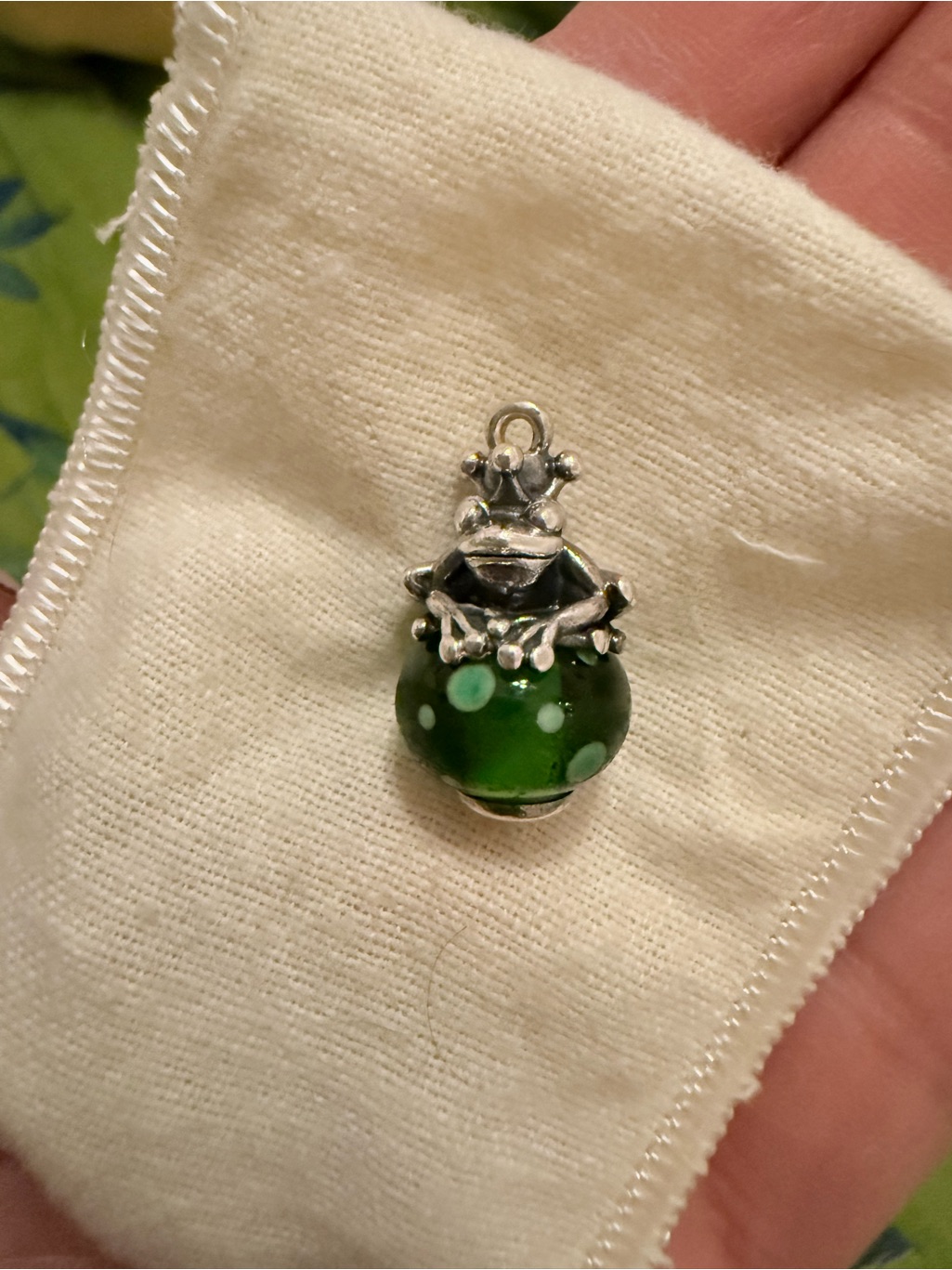 Retired James Avery Green Glass Frog Charm With Silver Accents